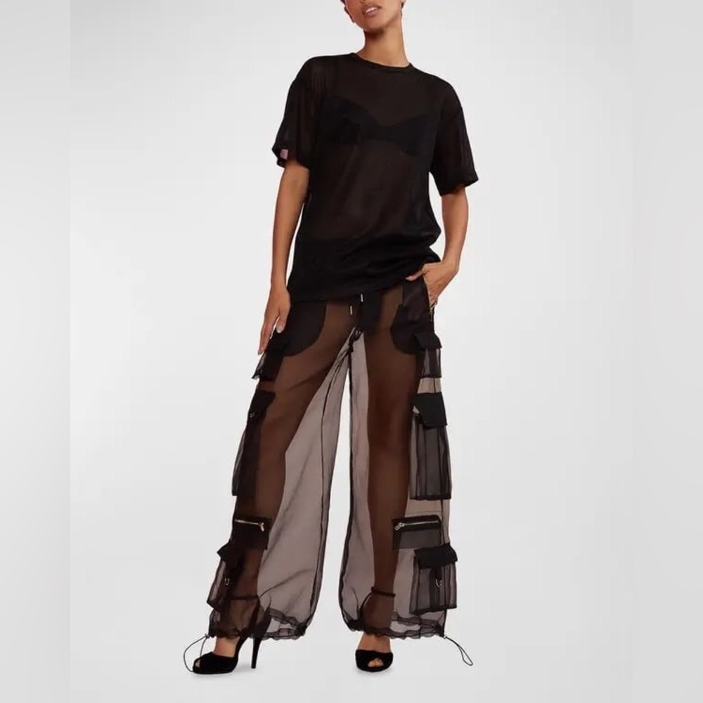 Cynthia Rowley Wide-Leg Sheer Organza Cargo Pants
